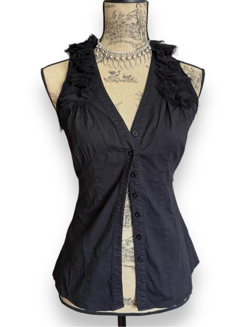 Y2K Costa Blanca Black Sleeveless Ruffle Collar Button-Front Top Size M
